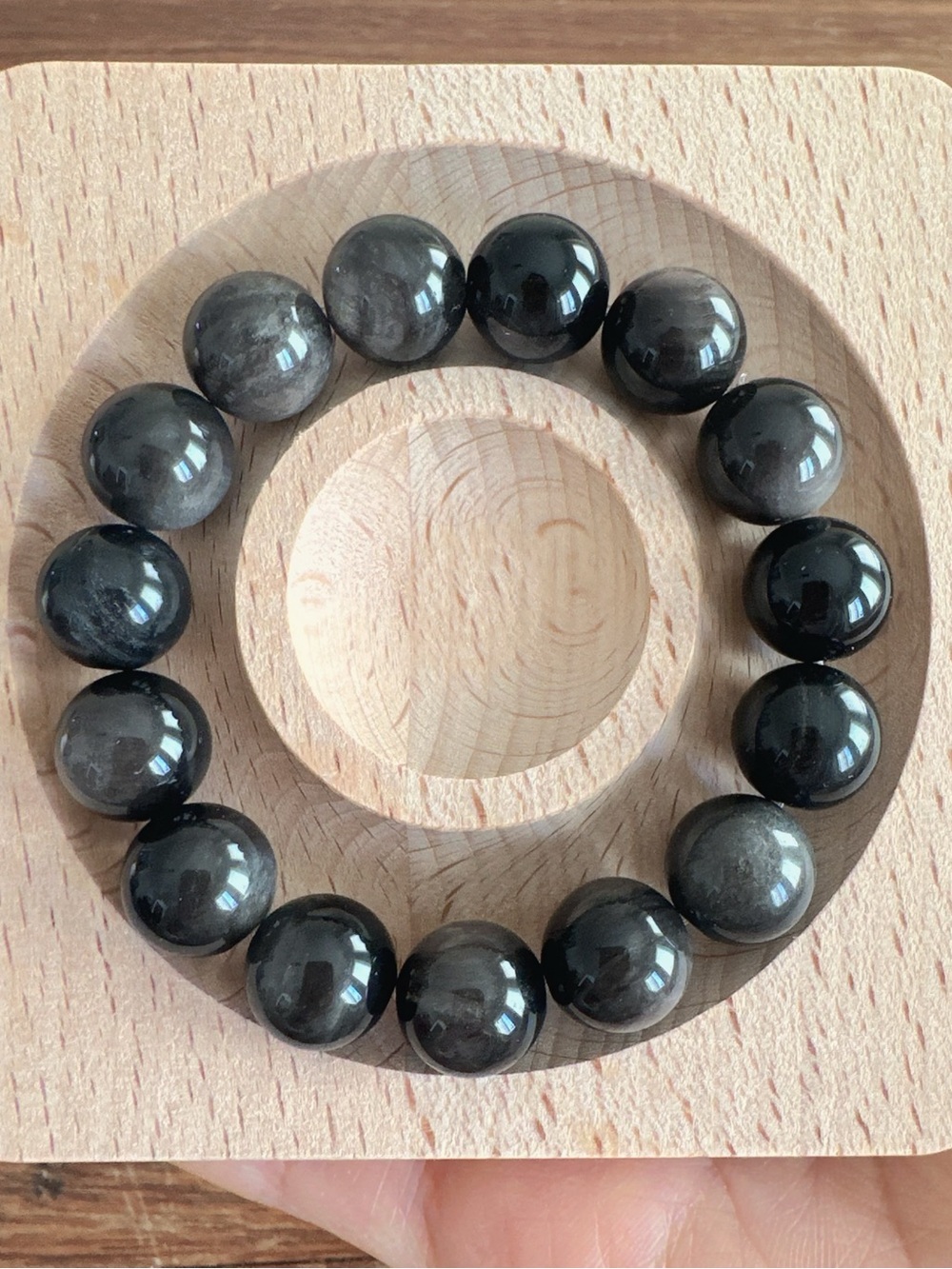 Black & Gray Natural Stone Style Beaded Bracelet 12mm Elastic Handmade Unisex